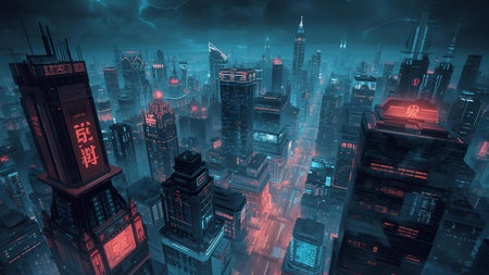 Futuristic city at night with neon lights 3D rendering.の素材
