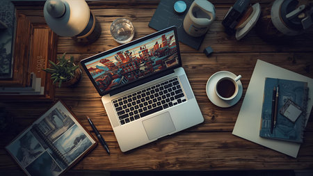 High angle view of a desk with a laptop and a cup of coffeeの素材