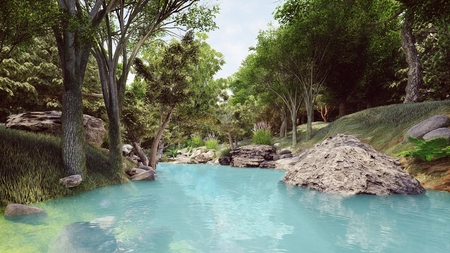 clean river with blue water in the forestの写真素材