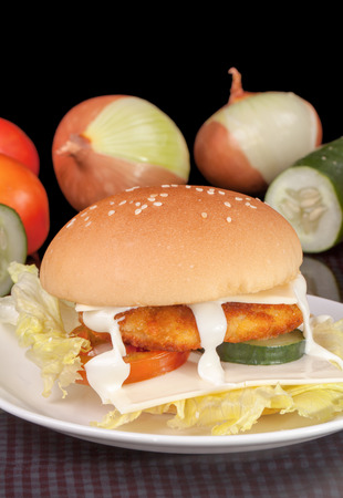 Homemade Double Cheese Chicken Burger with mayonnaiseの写真素材