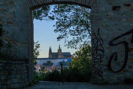Prague Castle on the Petrin view in Mala Strana district on sunny day with blue skyの写真素材