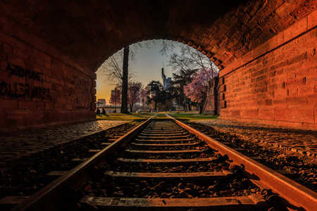 Old historic tunnel on the banks of the Main in Frankfurt with the skyline of the financial district. Sunset with a park. Trees with purple flowers and meadowの写真素材