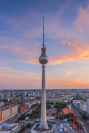 Television tower in the center of Berlin. Tallest building in Germany at Alexanderplatz at sunset....