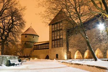Curtain wall of the Old Town of Tallinn, Estonia, illuminated at winter evening のeditorial素材