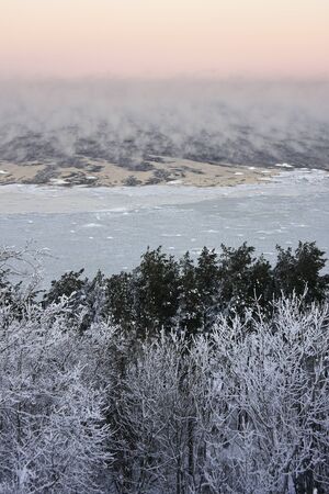 Steaming and icy sea and snowy forest  at cold winter morningの写真素材