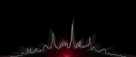 Illustration of isolated city silhouette of Tallinn, Estonia, red light beams on backgroundの写真素材