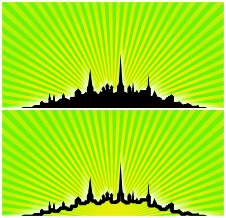 Illustration of city silhouette of Tallinn, Estonia on yellow and green light beam background  One silhouette is empty inside, other is filled with black color の写真素材
