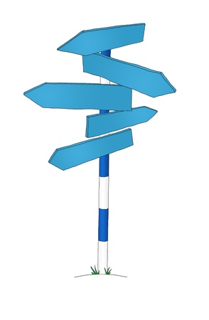 Illustration of an isolated blue striped sign post with many arrows pointing in different directions.の写真素材