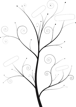 Illustration of a tree designed with spirals and curved sprays and a few label or text boxes.のイラスト素材