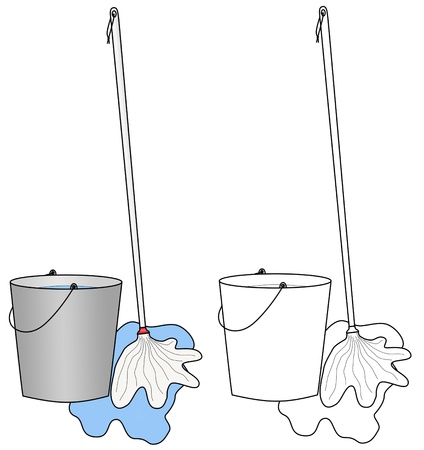 Colored and colorless illustrations of water bucket, floor cleaning broom or mop and water pool.のイラスト素材
