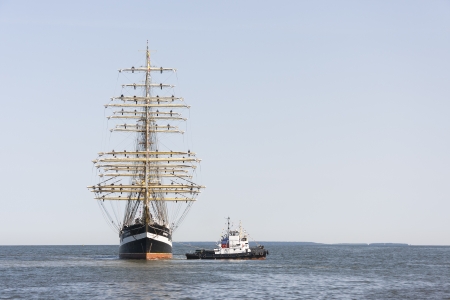 Tallinn, Estonia - July 12, 2013:  Kruzenshtern or Krusenstern sail ship whit four tall masts...