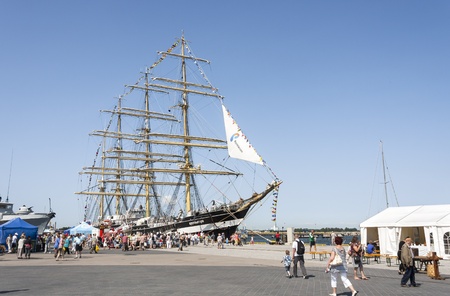 Tallinn, Estonia - July 12, 2013: Kruzenshtern or Krusenstern sail ship anchored at quay in an harbor on Tallinn Maritime Days on July 12, 2013 in Tallinn, Estoniaのeditorial素材