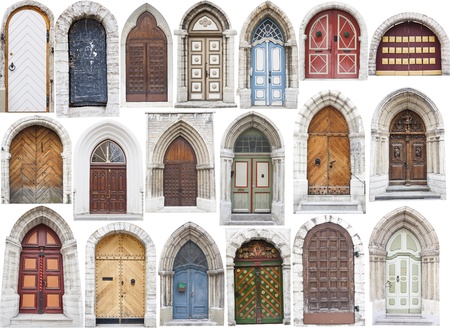 Set of several different colorful old style front doorsの写真素材