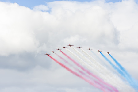 Tallinn, Estonia - June 23, 2014  Red Arrow aerobatic flight show with red fighter jets in Tallinn, Estonia on June 23, 2014のeditorial素材