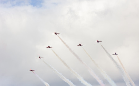 Tallinn, Estonia - June 23, 2014  Red Arrow aerobatic flight show with red fighter jets in Tallinn, Estonia on June 23, 2014のeditorial素材
