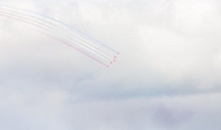 Tallinn, Estonia - June 23, 2014  Red Arrow aerobatic flight show with red fighter jets in Tallinn, Estonia on June 23, 2014のeditorial素材