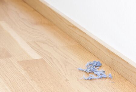 Bunch of blue dust rolls in a corner on the floor