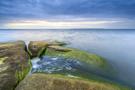 Large rocks covered with algae in sea at cloudy eveningの写真素材