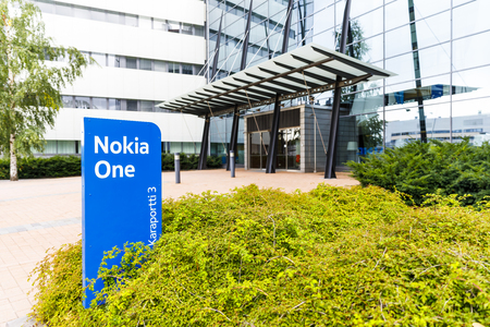 HELSINKI, FINLAND - SEPTEMBER 16, 2017: Nokia brand name on a blue sign in Nokia Campus near Helsinki, Finland on September 16, 2017のeditorial素材
