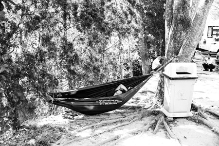 DA LAT, VIETNAM - FEBRUARY 20, 2018: Bus driver sleeps in a hammock during his lunch break in Da Lat, Vietnamのeditorial素材