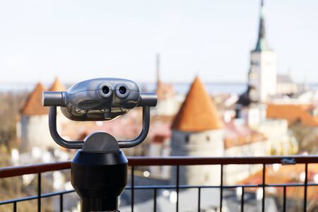 Viewing machine at viewing platform in the old town of Tallinn, Estoniaの写真素材