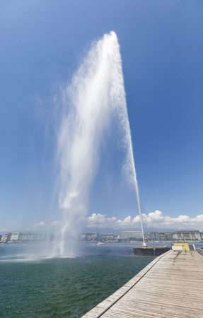 GENEVA, SWITZERLAND - JUNE 30, 2018: 140m high fountain called Jet d'Eau in city centre of Geneva, Switzerland on June 30, 2018のeditorial素材