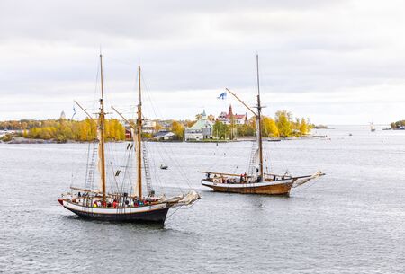 HELSINKI, FINLAND - OCTOBER 12, 2019: Finlandâ€™s tall sailing ships entering the south harbour...
