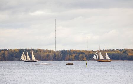 HELSINKI, FINLAND - OCTOBER 12, 2019: Finlandâ€™s tall sailing ships entering the south harbour...
