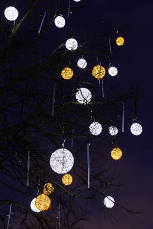 Illuminated white and yellow decorations on a bare tree in Tallinn, Estoniaの写真素材