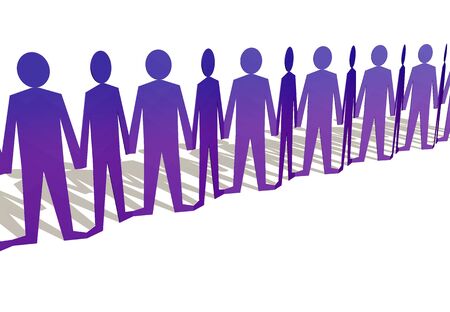 Paper doll type human figures holding hands in a row の写真素材