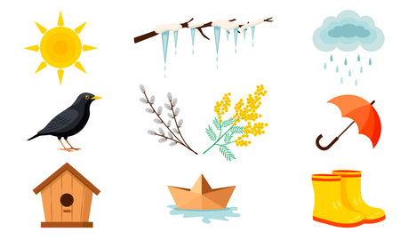 A colorful collection of ten spring-themed objects, including the sun, rain, flowers, birds, and seasonal accessories. Perfect for seasonal designs, educational materials, and greeのイラスト素材