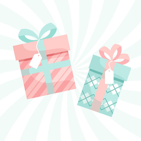 This charming illustration features two beautifully wrapped gift boxes in soft pastel colors, making them perfect for any occasion. The delicate ribbon and tags enhance the festiveのイラスト素材
