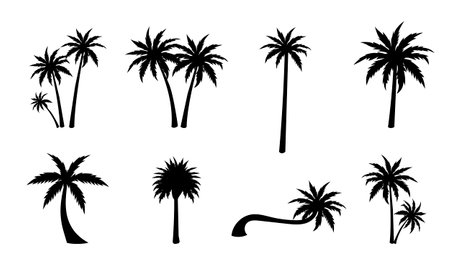 A collection of eight unique palm tree silhouettes, each with its own shape and design. These black vector illustrations are perfect for tropical themed designs, logos, and jewelryのイラスト素材