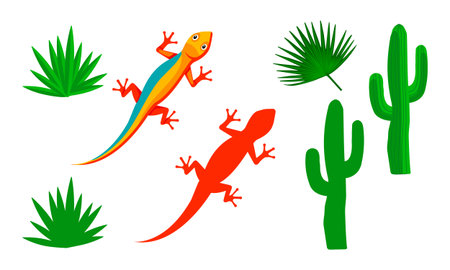 A colorful lizard with tropical plants and cacti on a white background. This playful desert-themed illustration is perfect for educational materials, children's books or summer desのイラスト素材