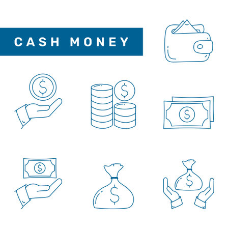Cash money line icons set. Money in hand, wallet, coins and credit card. Vector illustrationのイラスト素材