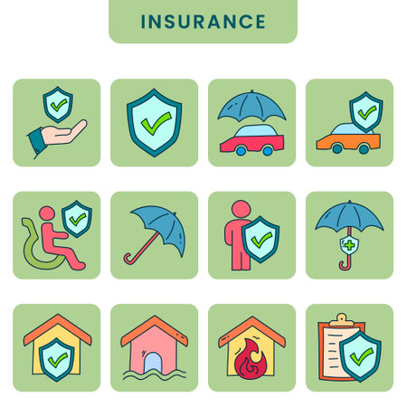 Insurance icons set. Hand drawn Insurance doodle icon illustration.のイラスト素材