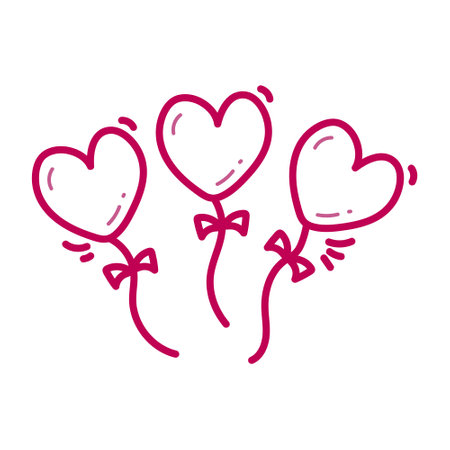 Hand drawn line cute hearts balloons with ribbon decoration to happy valentines day vector illustrationのイラスト素材