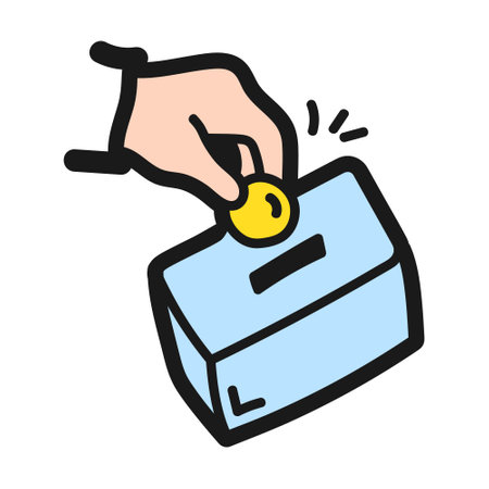 Hand putting coin into a box. Vector illustration in doodle styleのイラスト素材