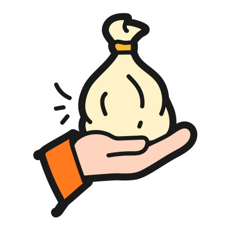 Money bag in hand doodle icon. Hand holding money bag. Donation doodle icon.のイラスト素材