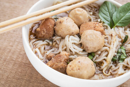 Noodle with meatball and pork in soup, Thai food