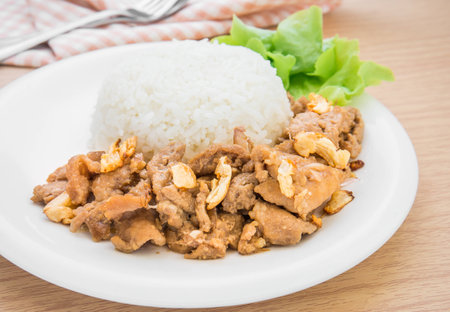 Fried pork with garlic and pepper on rice, Thai food styleの写真素材