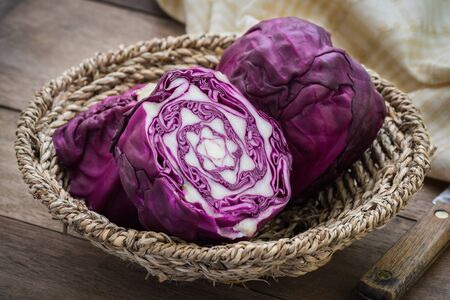 Red cabbage in basketの写真素材