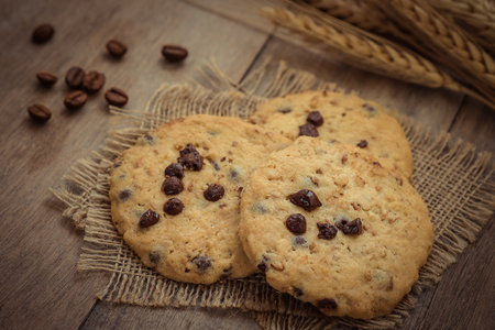 Chocolate chip cookies on a sackcloth