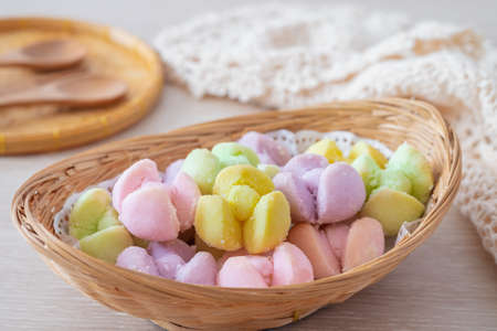 Thai shortbread cookies in flower shape (Khanom Kleeb Lamduan), Thai dessertの写真素材