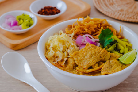 Thai curried noodle soup with pork (Khao Soi Moo), Northern thai food styleの写真素材