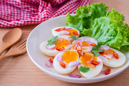 Spicy boiled eggs salad on white plateの写真素材