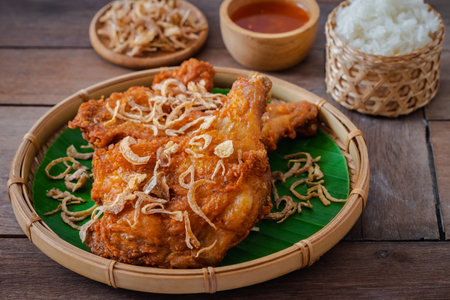 Crispy fried chicken with deep fried shallot on banana leaf in basket (Hat Yai fried chicken), Thai food styleの写真素材