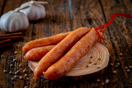 Chinese sausage on wooden boardの写真素材