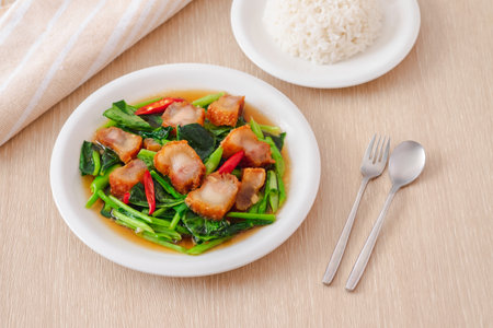 Stir fried kale with crispy pork in oyster sauce and rice on white plateの写真素材