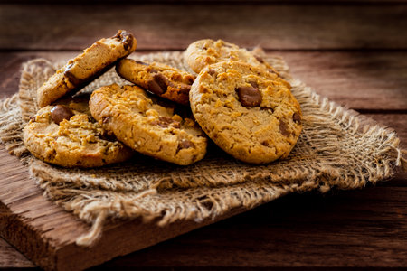 Chocolate chip cookies on burlap napkinの写真素材